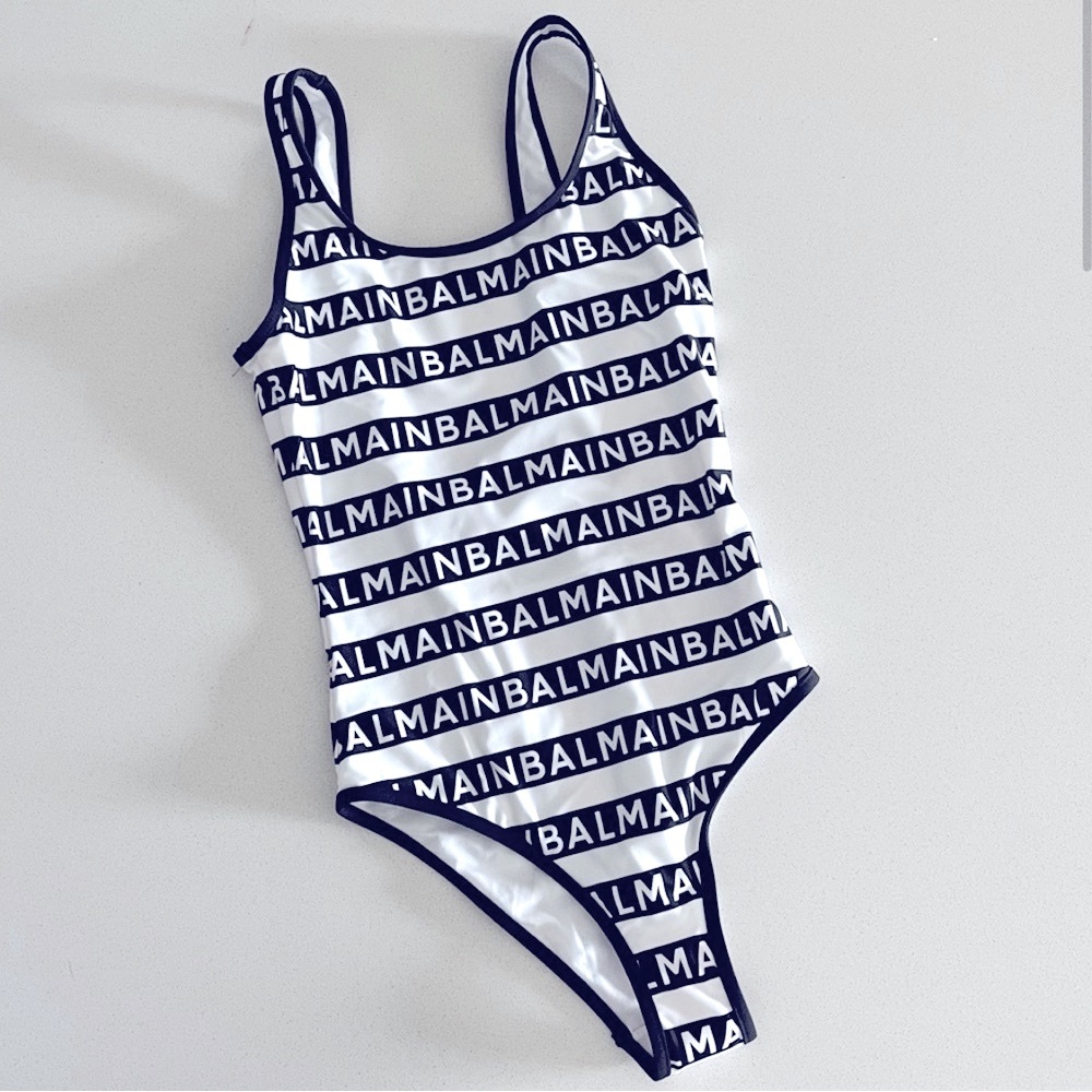 Balmain Black and White Striped Swimsuit